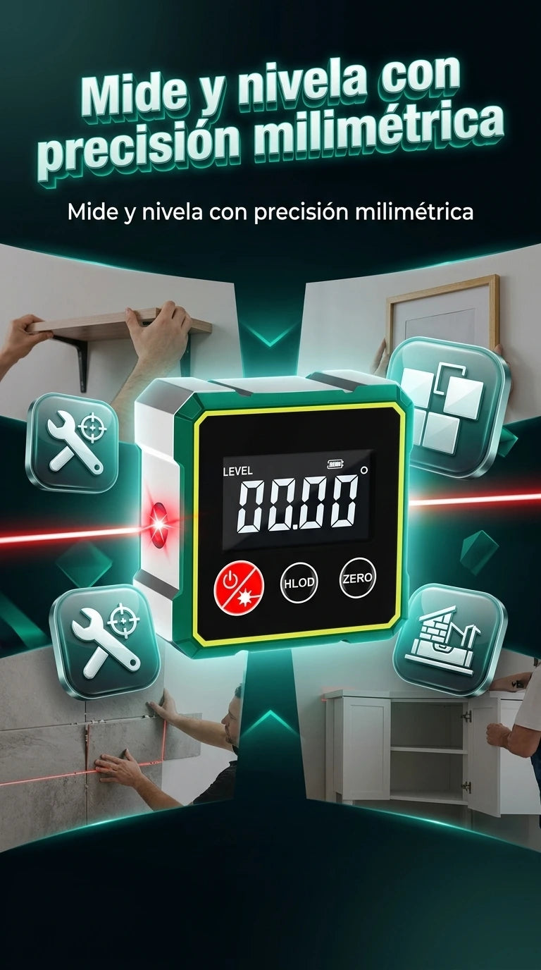 Nivel Láser e Inclinómetro Digital 2 en 1 (medidor de ángulos magnético con doble láser horizontal)