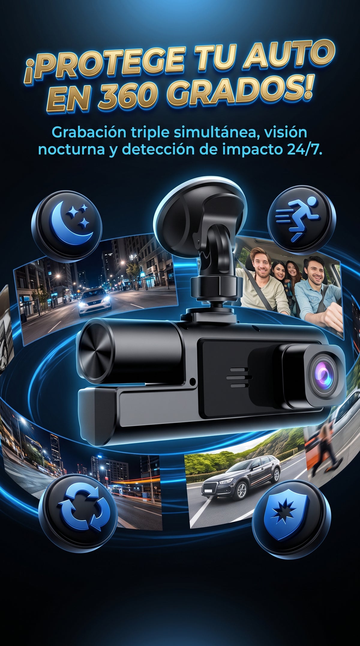 Dash Cam Triple 3 en 1 con grabación frontal, interior y de reversa en Full HD 1080P TIPO: Seguridad vehicular