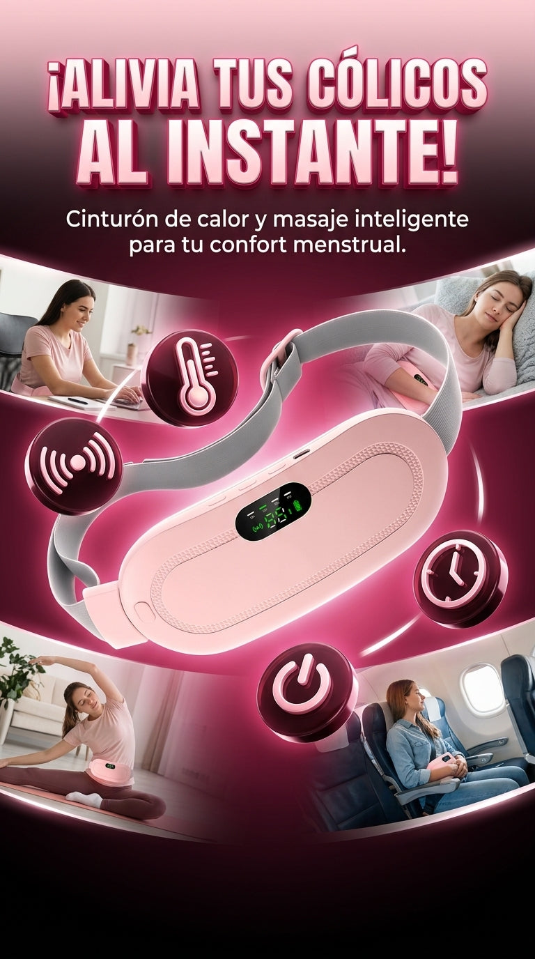 Cinturón Térmico Menstrual Portátil, alivio inmediato para cólicos con calor y masaje vibratorio