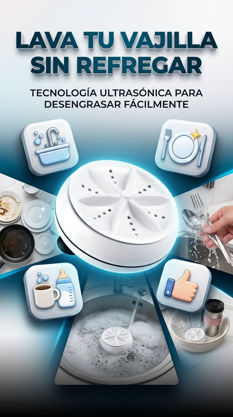 Mini Lavavajillas Ultrasónico Portátil — Limpia y desengrasa platos, cubiertos y vajilla automáticamente sumergiéndolo en el lavaplatos o fregadero.