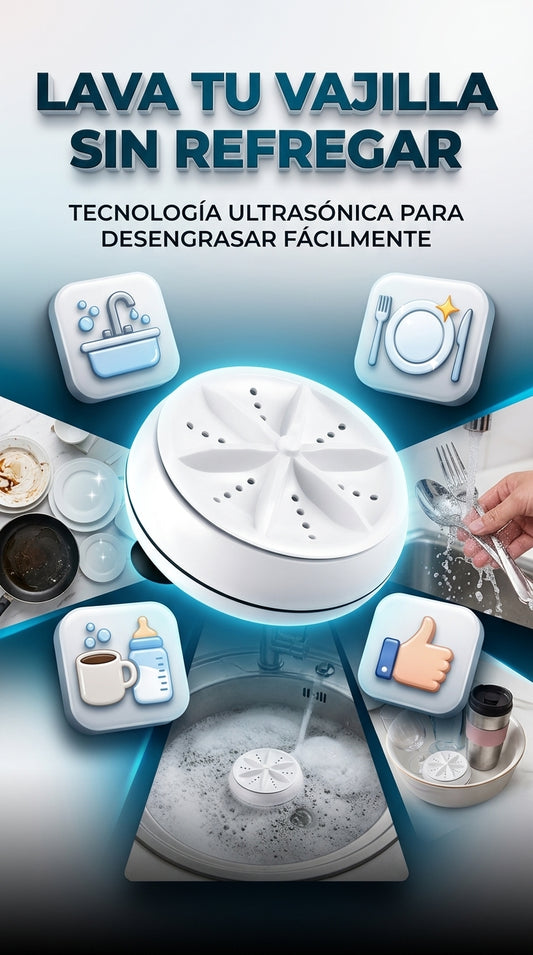 Mini Lavavajillas Ultrasónico Portátil — Limpia y desengrasa platos, cubiertos y vajilla automáticamente sumergiéndolo en el lavaplatos o fregadero.