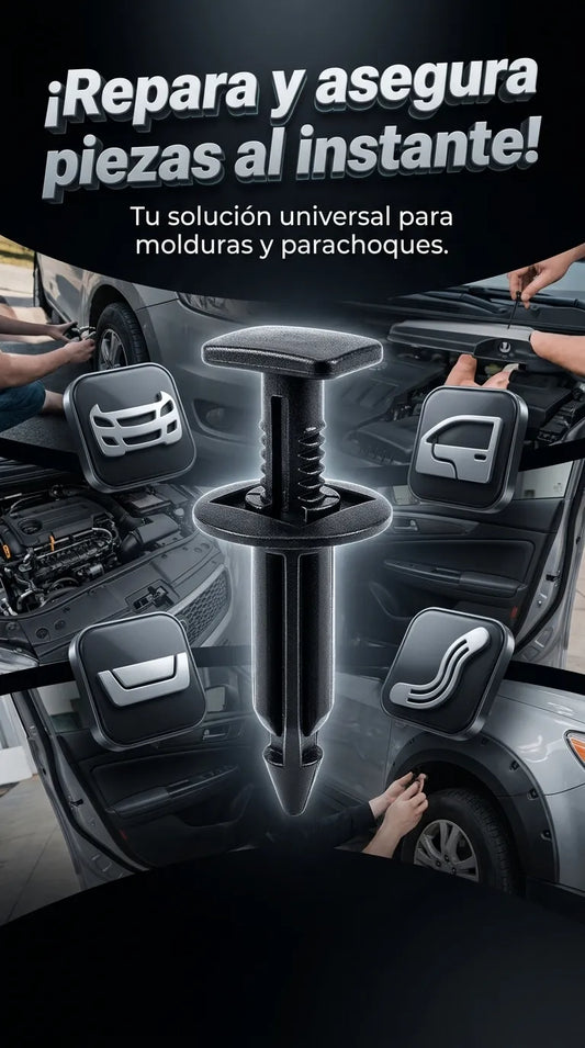 Grapas Amarras Universales Automotrices, kit de remaches con cremallera autoblocante para fijación rápida de parachoques y molduras.