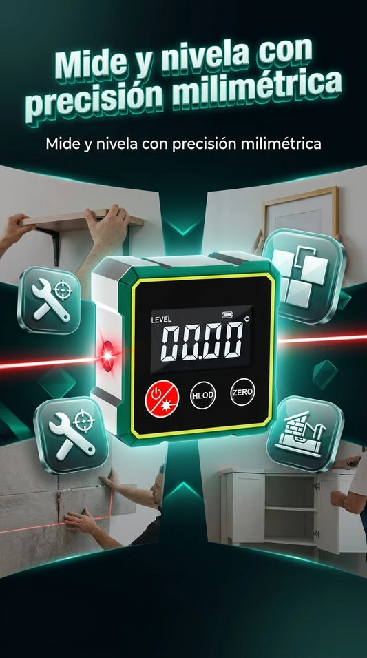 Nivel Láser e Inclinómetro Digital 2 en 1 (medidor de ángulos magnético con doble láser horizontal)