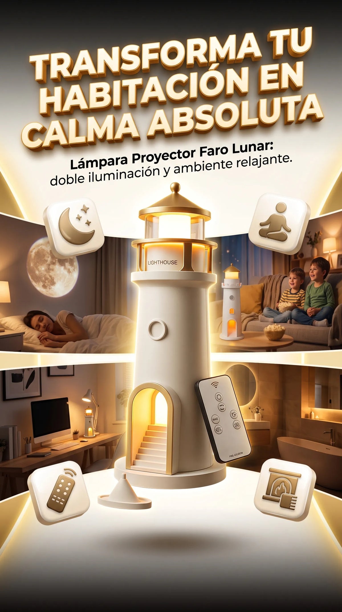 Lámpara Proyector Faro Lunar — Lámpara de noche ambiental con proyección hiperrealista de luna llena y luz cálida regulable.