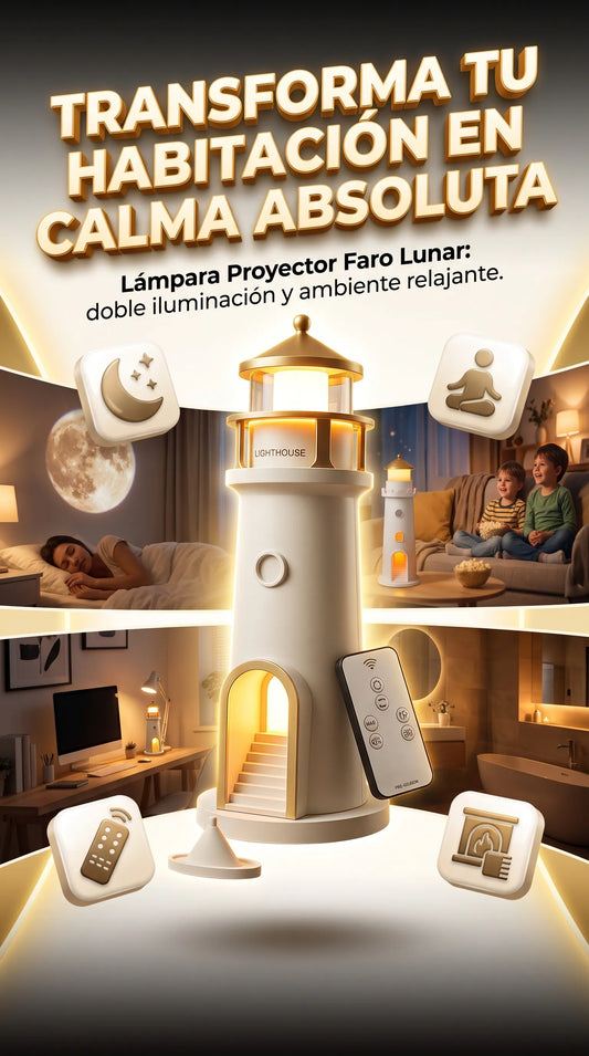 Lámpara Proyector Faro Lunar — Lámpara de noche ambiental con proyección hiperrealista de luna llena y luz cálida regulable.