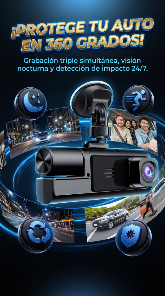 Dash Cam Triple 3 en 1 con grabación frontal, interior y de reversa en Full HD 1080P TIPO: Seguridad vehicular