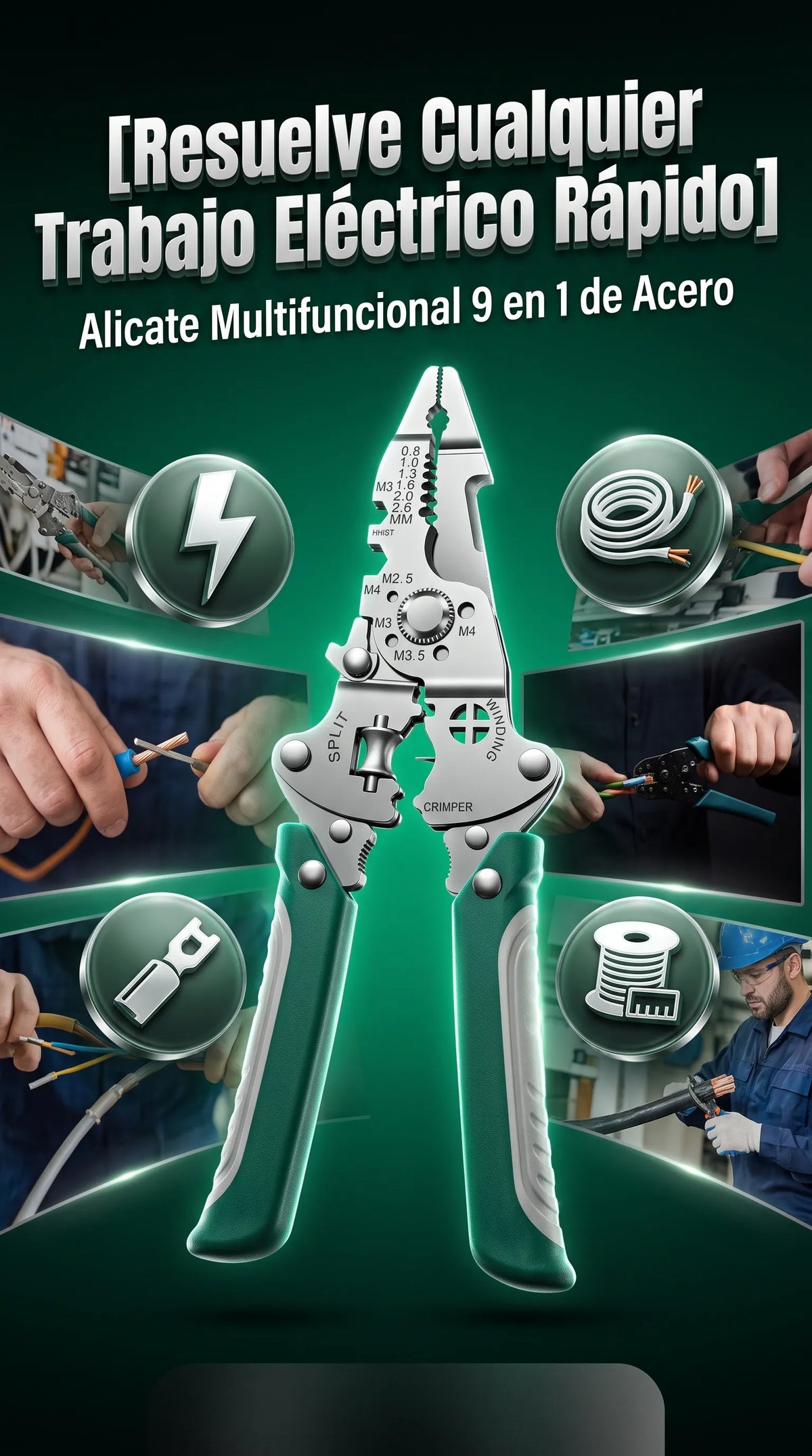 Alicate Pelacables Multifuncional Plegable, herramienta eléctrica 9 en 1 de acero para corte, pelado y crimpado.