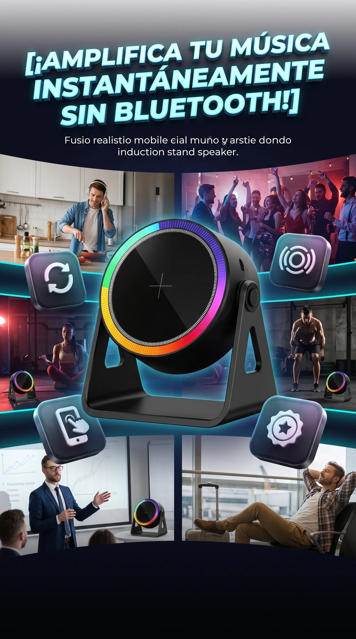 Parlante SonaBase – Soporte de Inducción para Celular con Luz RGB, Sin Bluetooth